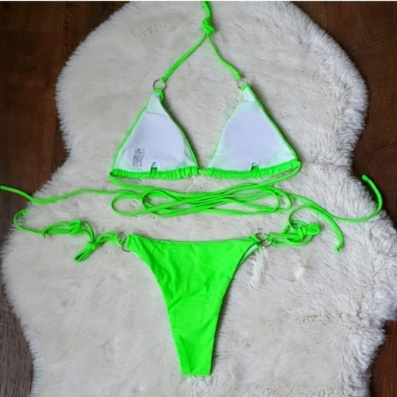 New Neon Green Wrap Around Strappy Cheeky Bikini Set Swimsuit Size L - Picture 5 of 6